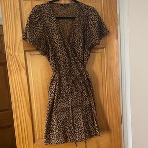 Madewell Leopard Print Wrap Dress Size L 100% Cotton Flutter Sleeve Mini Brown